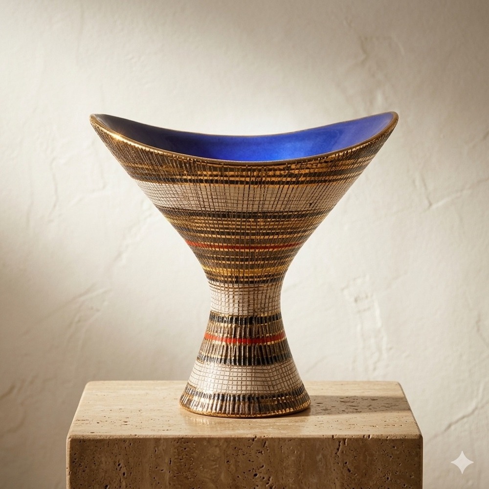 Vintage Bitossi Aldo Londi Seta Gold Sgraffito Purple Pedestal Chalice Bowl